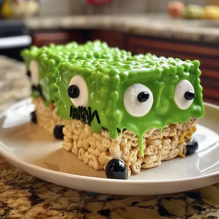 ['Close-up of Frankenstein-themed Rice Krispie treats decorated with green and black candy melts.', "Side view of Halloween Rice Krispie treats resembling Frankenstein's monster, with candy eyes and sprinkles.", 'Juicy Halloween Rice Krispie treats in the shape of Frankenstein, showcasing vibrant green and black colors.', 'Detailed view of Rice Krispie treats styled for Halloween, featuring bright green candy and spooky decorations.']