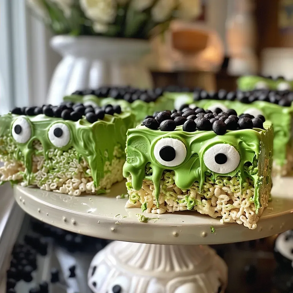 ['Close-up of Frankenstein-themed Rice Krispie treats decorated with green and black candy melts.', 