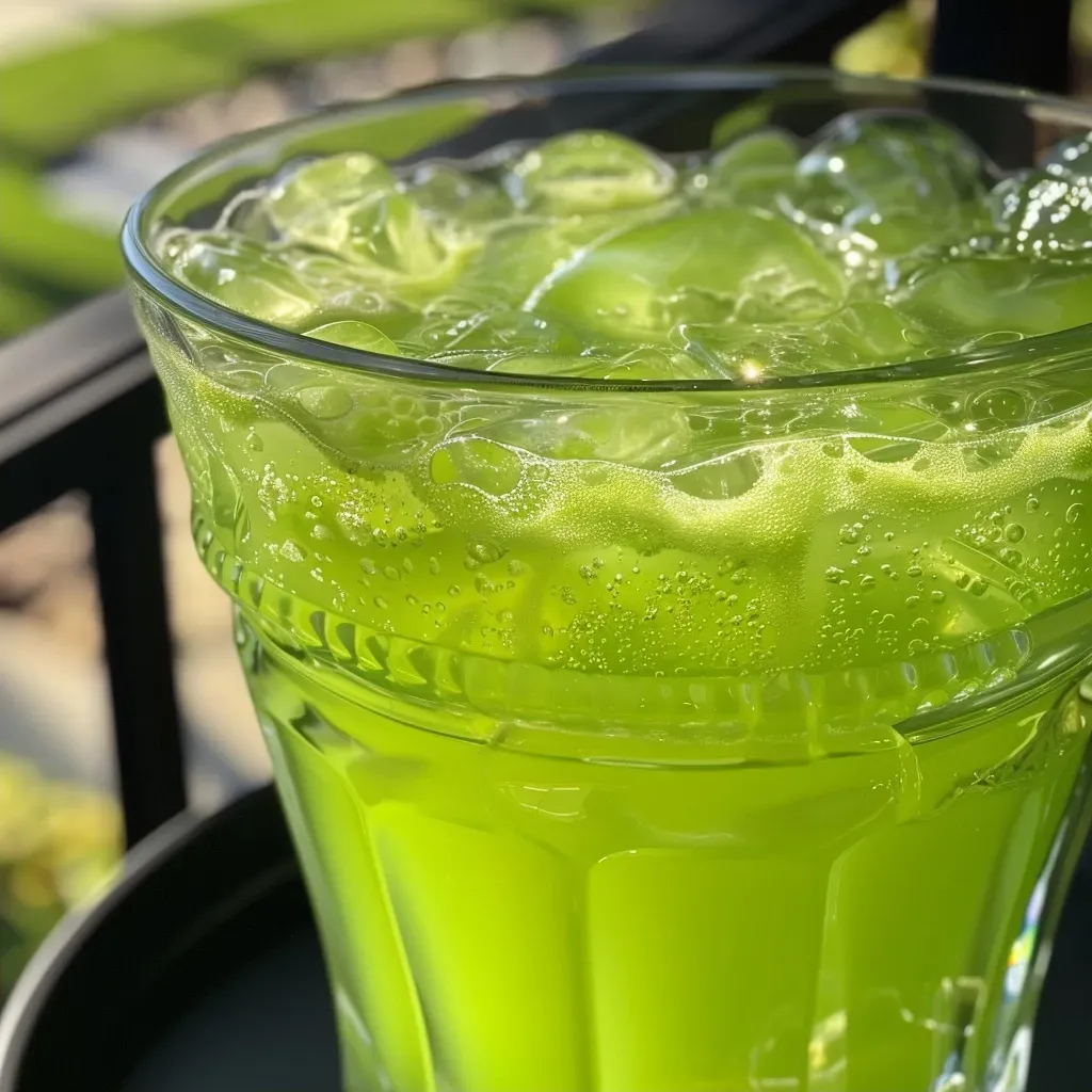 ['A close-up view of a vibrant green drink in a glass, decorated with ice and fruit.', 'A side view of a refreshing, green punch served in a glass with ice cubes and a colorful garnish.', 'A detailed look at a green beverage in a glass, featuring bubbles and a slice of pineapple on the rim.', 'A juicy green punch with visible ice and a bright color, captured from the side in natural lighting.']