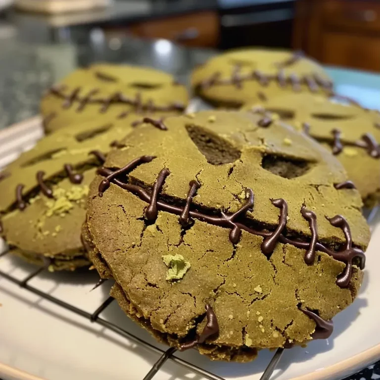 ['Close-up of colorful Frankenstein stitched cookies on a plate.', 'Detailed view of Frankenstein-themed cookies with stitching designs.', "Side angle of freshly baked cookies resembling Frankenstein's face.", 'Handheld photo of unique stitched cookies inspired by Frankenstein.']