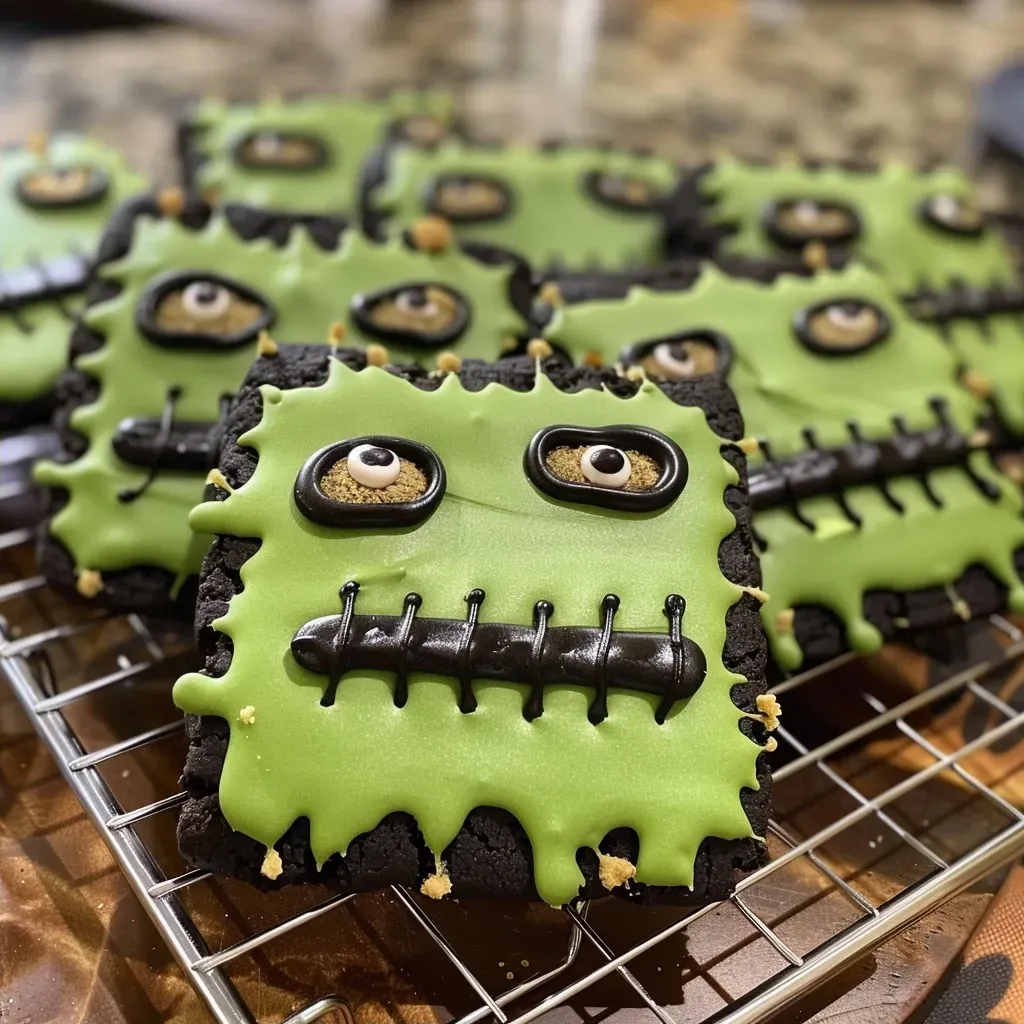 ['Close-up of colorful Frankenstein stitched cookies on a plate.', 'Detailed view of Frankenstein-themed cookies with stitching designs.', 