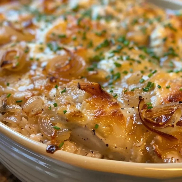 ['Close-up of a golden-brown French Onion Chicken Casserole with crispy fried onions on top.', 'Side view of a hearty French Onion Chicken Casserole, showcasing layers of cheese and onion.', 'Juicy French Onion Chicken Casserole in a baking dish, garnished with crispy onions and melted cheese.', 'Delicious serving of French Onion Chicken Casserole, highlighting tender chicken and rice mixed with onion soup.']