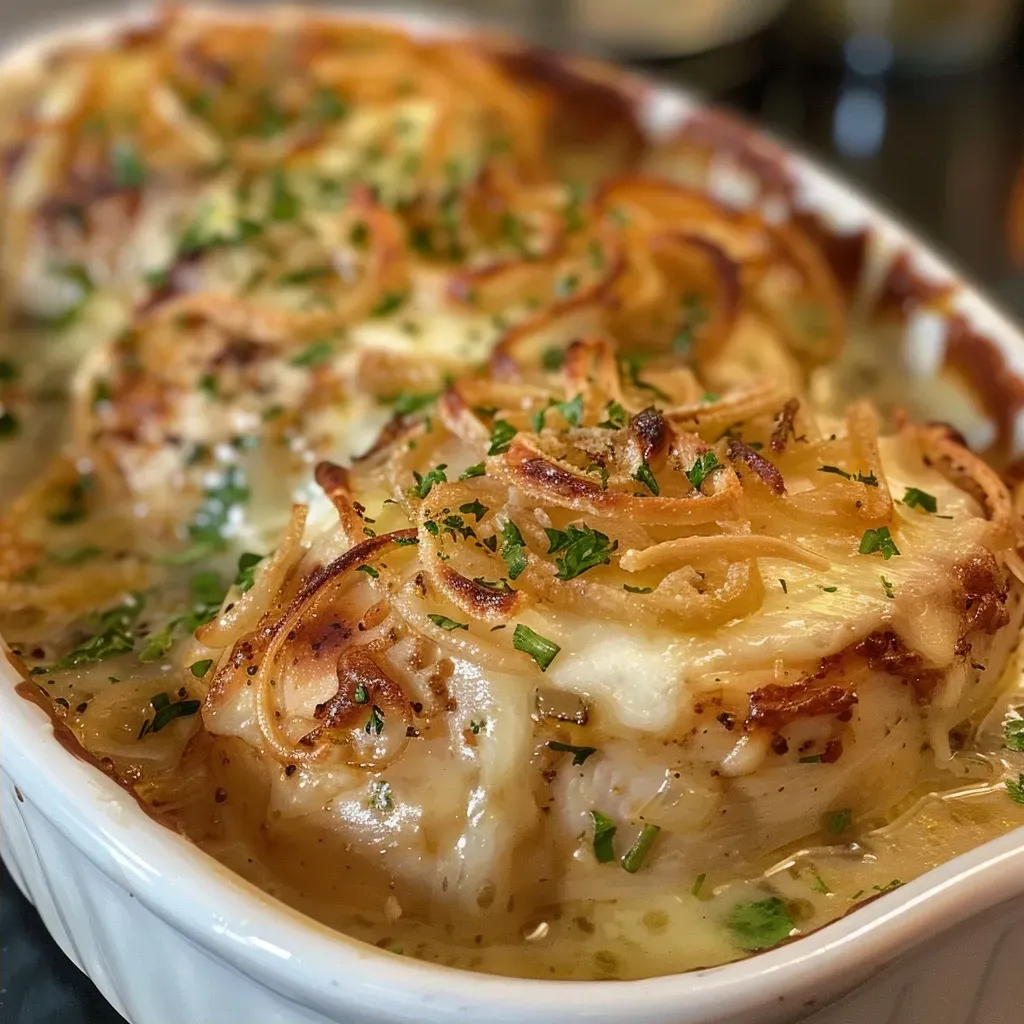 Close-up of a golden-brown French Onion Chicken Casserole with crispy fried onions on top.