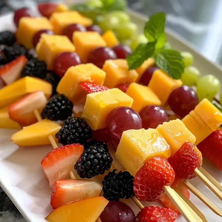 ['Close-up view of colorful fruit and cheese kabobs featuring strawberries, blackberries, grapes, and cheese cubes.', 'Side view of vibrant fruit and cheese kabobs with fresh mint leaves arranged on skewers.', 'Juicy fruit and cheese kabobs on skewers, showcasing an assortment of strawberries, grapes, and cheese cubes.', 'Appetizing fruit and cheese kabobs displayed with bright berries and cheese, garnished with mint leaves.']
