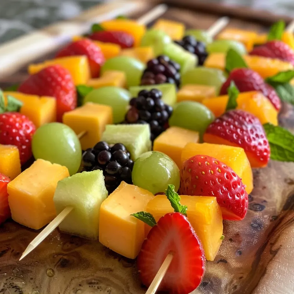 ['Close-up view of colorful fruit and cheese kabobs featuring strawberries, blackberries, grapes, and cheese cubes.', 'Side view of vibrant fruit and cheese kabobs with fresh mint leaves arranged on skewers.', 'Juicy fruit and cheese kabobs on skewers, showcasing an assortment of strawberries, grapes, and cheese cubes.', 'Appetizing fruit and cheese kabobs displayed with bright berries and cheese, garnished with mint leaves.']