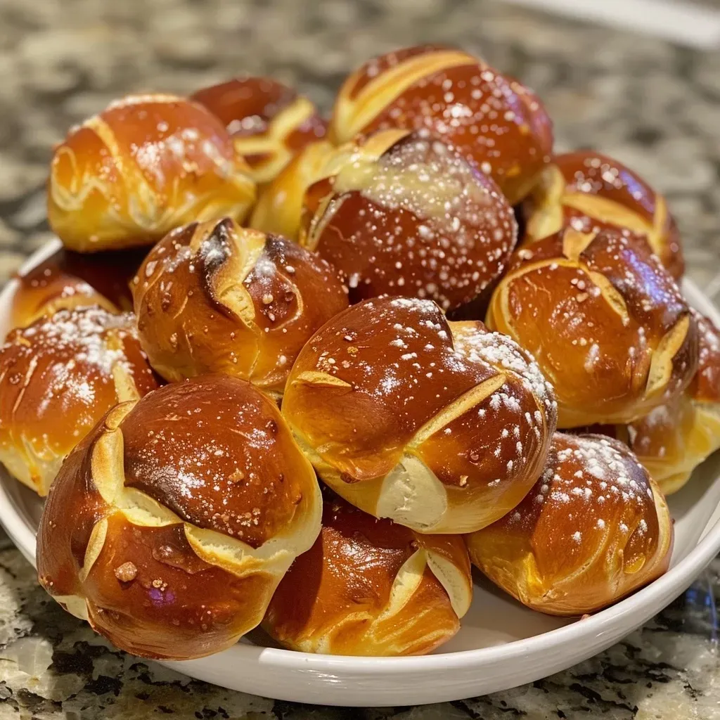 ['A close-up side view of golden-brown German soft pretzel bites on a wooden table.', 'Juicy German soft pretzel bites arranged neatly, showcasing their texture and color.', 'Side view of deliciously baked German soft pretzel bites, lightly salted and warm.', 'A detailed close-up of freshly baked German pretzel bites, highlighting their soft exterior.']