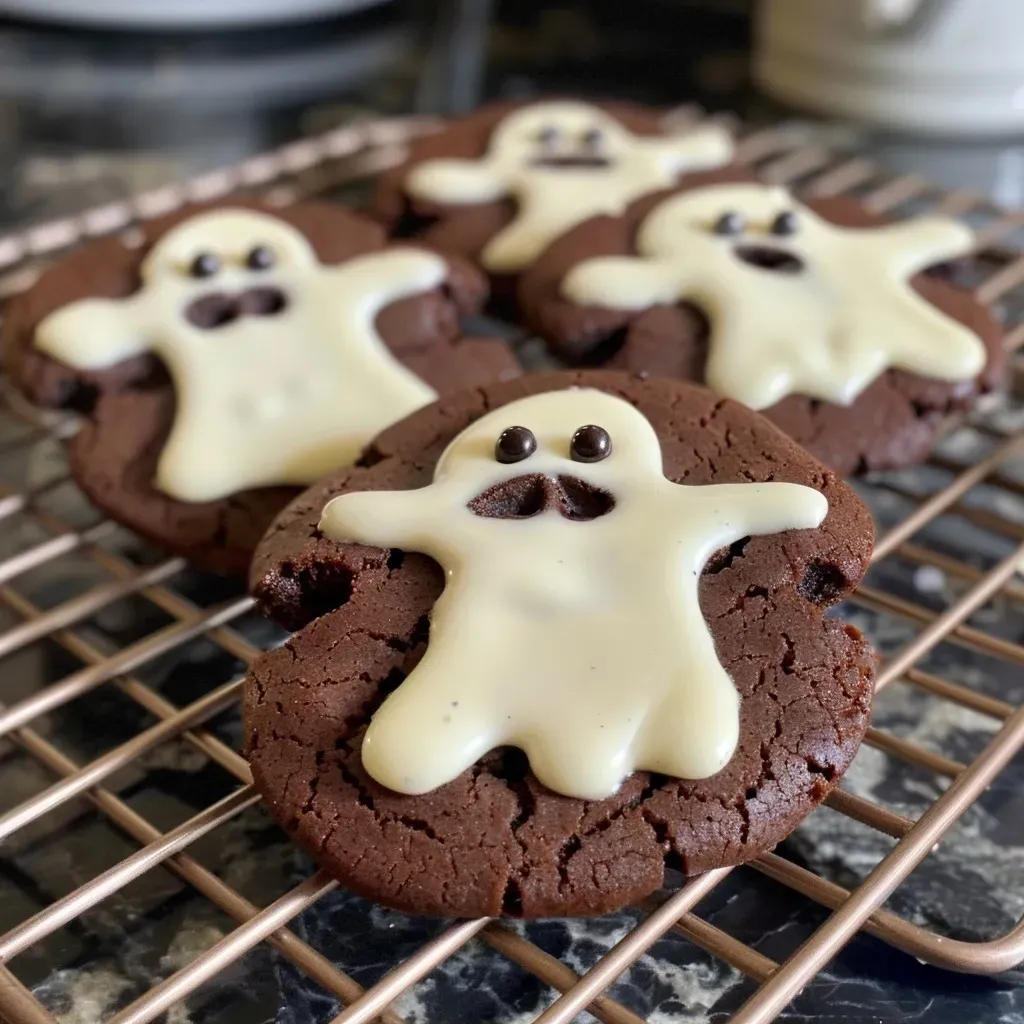 ['Close-up view of Ghost Cookies with white chocolate chips and black cocoa.', 'Side view of a plate of spooky Ghost Cookies decorated with black writing gel.', 'Juicy Ghost Cookies featuring a dark chocolate base and white chocolate pieces.', 'Deliciously crafted Ghost Cookies with ghostly decorations and a rich texture.']