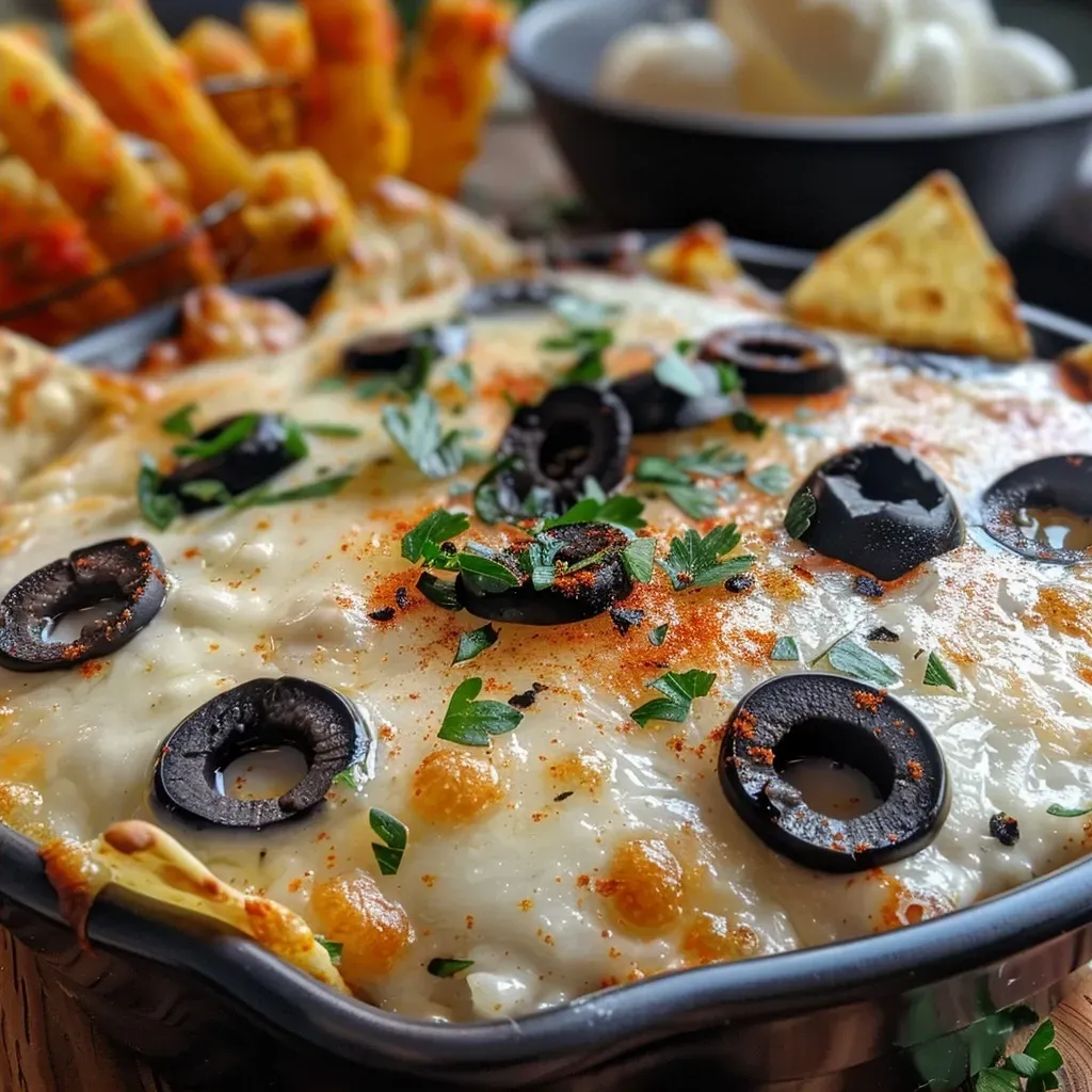 ['Close-up view of a creamy dip with black olives and white beans.', 'Side view of a delicious Ghost in the Graveyard Dip served with whole wheat tortillas.', 'Juicy dip featuring parsley and mozzarella sticks on a wooden board.', 'Colorful dip made with olives and garlic in a bowl, surrounded by tortillas.']