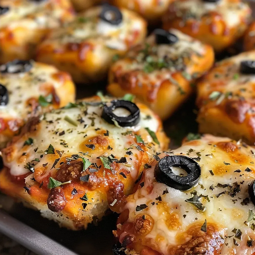 ['A close-up view of golden-brown cheese pizza bites with black olives and red sauce.', 'Juicy Ghostly Cheese Pizza Bites arranged on a plate with melted cheese oozing from the edges.', 'Side view of cheesy pizza bites featuring black olives and a rich red pizza sauce.', 'Tasty pizza bites with a crispy crust, topped with black olives and glistening cheese.']