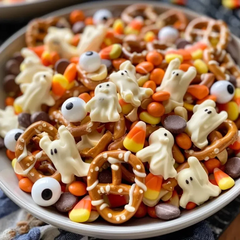 ['A close-up shot of a colorful Halloween-themed snack mix featuring pretzels, candy eyeballs, and M&Ms.', 'Side view of a spooky snack mix bowl filled with white chocolate pretzels, candy corn, and Bugles.', 'An enticing display of a ghostly snack mix with various candies and nuts, showcasing its vibrant colors.', 'A detailed close-up of a Halloween snack mix including candy eyeballs and seasonal treats.']