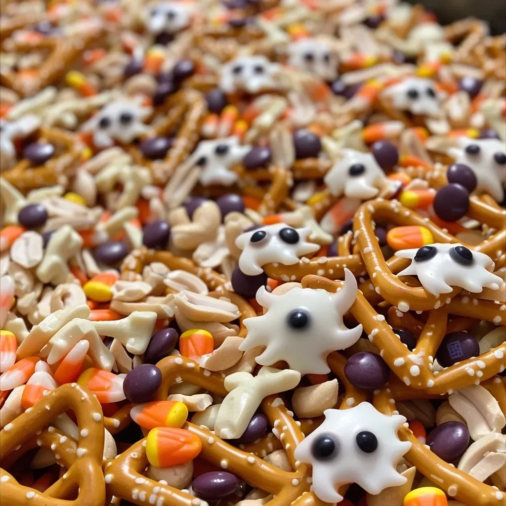 ['A close-up shot of a colorful Halloween-themed snack mix featuring pretzels, candy eyeballs, and M&Ms.', 'Side view of a spooky snack mix bowl filled with white chocolate pretzels, candy corn, and Bugles.', 'An enticing display of a ghostly snack mix with various candies and nuts, showcasing its vibrant colors.', 'A detailed close-up of a Halloween snack mix including candy eyeballs and seasonal treats.']