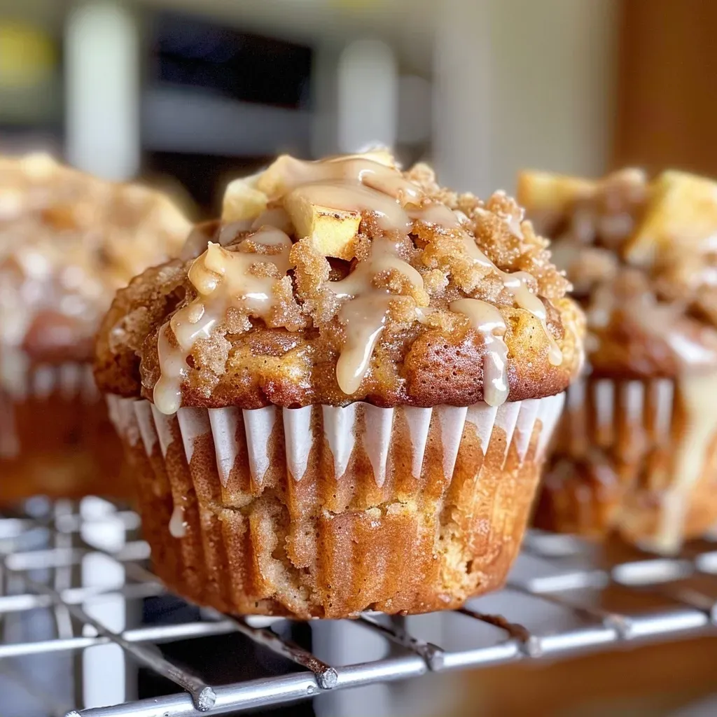 ['Close-up view of glazed apple coffee cake muffins with a glossy finish.', 'Side view of a stack of moist glazed apple muffins, showing the apple chunks.', 'Juicy apple coffee cake muffins sprinkled with a light glaze, highlighting their texture.', 'Irresistible glazed muffins filled with apple pieces, showcasing a crumbly top.']