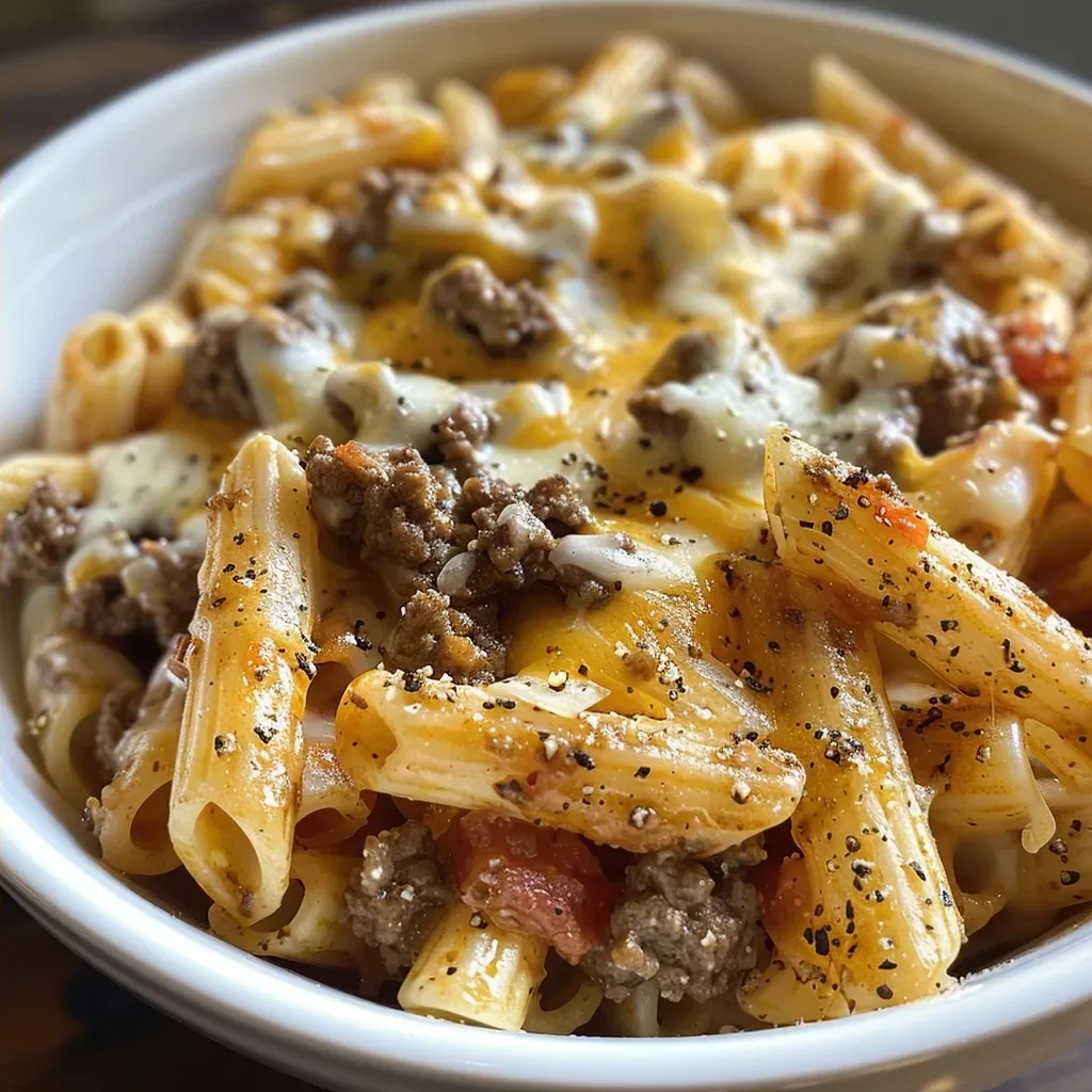 ['A close-up view of a bowl of gluten-free cheeseburger helper with melty cheese and pasta.', 'A side view of a savory gluten-free cheeseburger helper dish, showcasing ground beef and pasta.', 'Juicy gluten-free cheeseburger helper served in a bowl, highlighting its creamy texture and ingredients.', 'A hearty gluten-free cheeseburger helper plated, featuring diced onions and a cheesy top layer.']