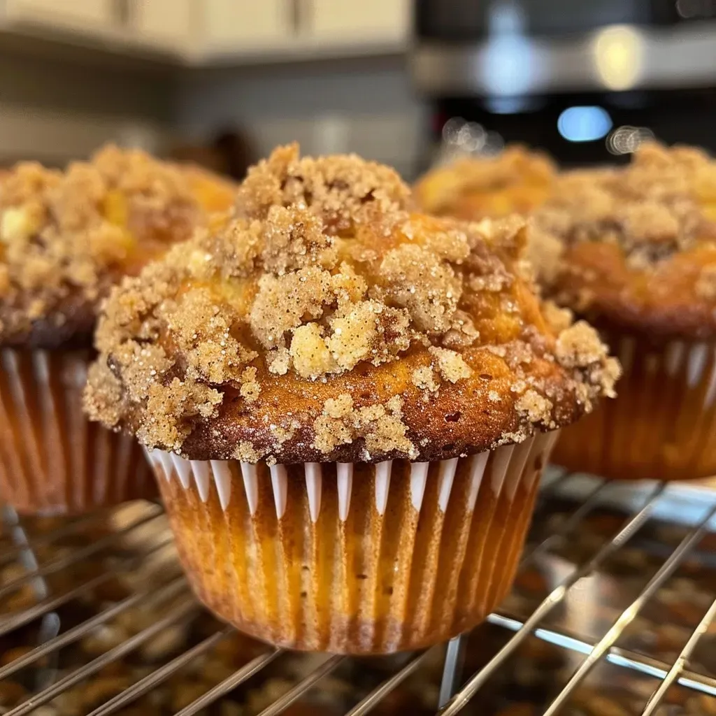 ['A close-up side view of gluten-free coffee cake muffins topped with a cinnamon sugar crust.', 'Juicy gluten-free coffee cake muffins with a golden brown exterior, showcasing a crumbly topping.', 'Freshly baked gluten-free coffee cake muffins arranged appealingly, with visible cinnamon and sugar highlights.', 'A delectable display of gluten-free coffee cake muffins, highlighting their moist texture and classic topping.']