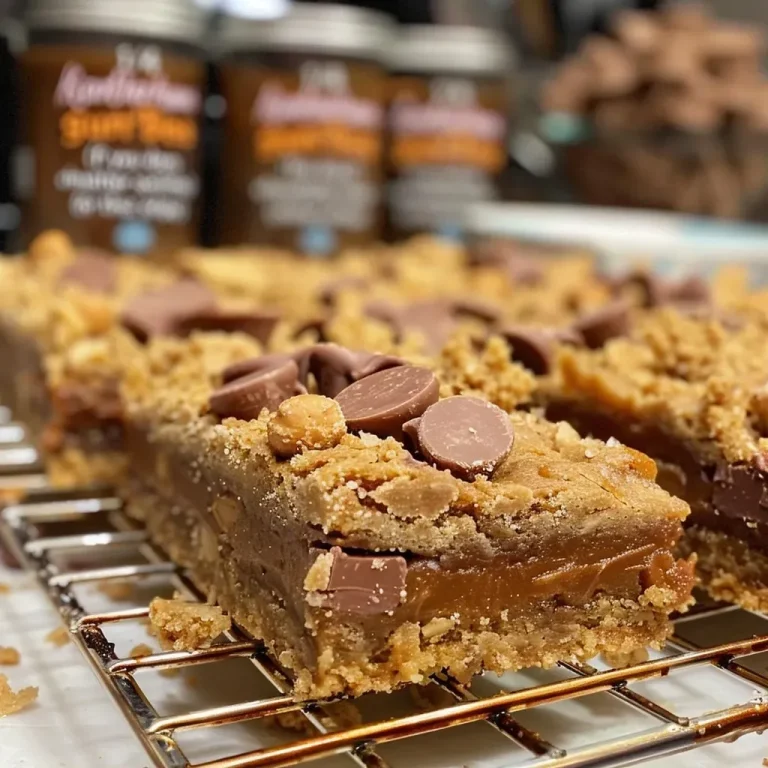 ['Juicy, golden-brown gluten-free peanut butter cookie bars with chocolate chips.', 'Close-up side view of decadent gluten-free peanut butter cookie bars topped with Reeses pieces.', 'A tempting slice of peanut butter cookie bar, showcasing a rich, creamy texture and chocolate chips.', 'Delicious gluten-free peanut butter cookie bars displayed on a rustic wooden board.']