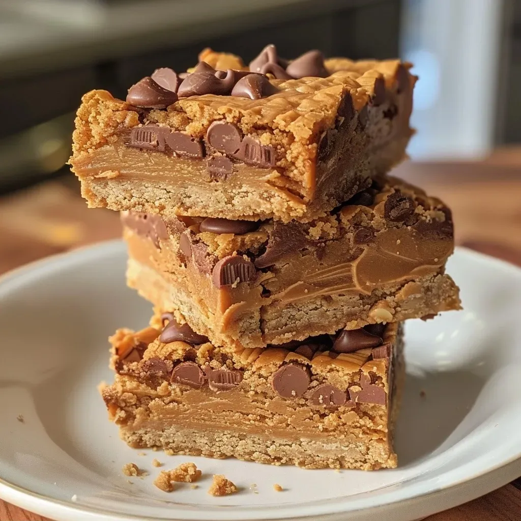 ['Juicy, golden-brown gluten-free peanut butter cookie bars with chocolate chips.', 'Close-up side view of decadent gluten-free peanut butter cookie bars topped with Reeses pieces.', 'A tempting slice of peanut butter cookie bar, showcasing a rich, creamy texture and chocolate chips.', 'Delicious gluten-free peanut butter cookie bars displayed on a rustic wooden board.']