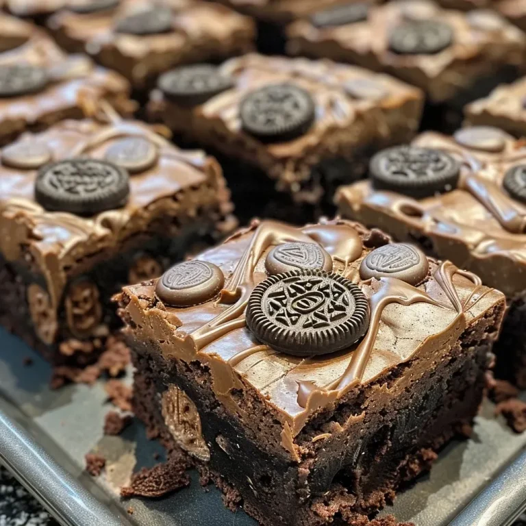 ['Close-up view of Graveyard Brownies decorated with chocolate Milano cookies.', 'Side view of rich, chocolatey Graveyard Brownies with crushed Oreo Thins.', 'Juicy Graveyard Brownies topped with black icing and cookie decorations.', 'Detailed close-up of decadent Graveyard Brownies featuring spider-like designs.']