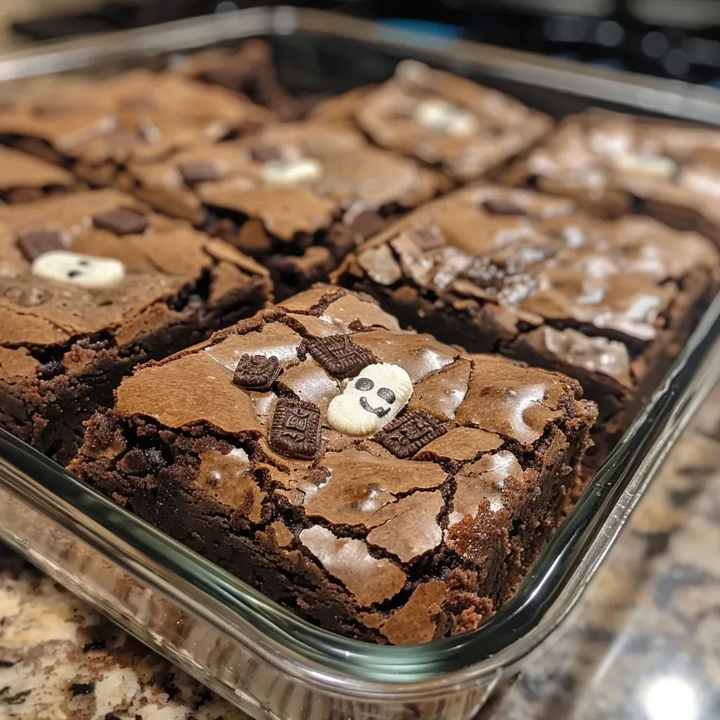 ['Close-up view of Graveyard Brownies decorated with chocolate Milano cookies.', 'Side view of rich, chocolatey Graveyard Brownies with crushed Oreo Thins.', 'Juicy Graveyard Brownies topped with black icing and cookie decorations.', 'Detailed close-up of decadent Graveyard Brownies featuring spider-like designs.']