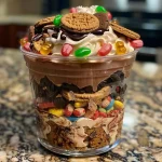 ['A side view of a Graveyard Dirt Cup filled with chocolate pudding, crushed cookies, and gummy worms.', 'Close-up of a dessert cup resembling a graveyard scene with chocolate layers and cookie tombstones.', 'A layered dessert featuring chocolate pudding, crushed cookies, and gummy worms, styled like a graveyard.', 'A delicious Graveyard Dirt Cup, decorated with cookie tombstones and gummy worms on top.']