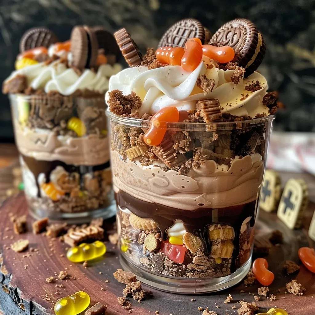 ['A side view of a Graveyard Dirt Cup filled with chocolate pudding, crushed cookies, and gummy worms.', 'Close-up of a dessert cup resembling a graveyard scene with chocolate layers and cookie tombstones.', 'A layered dessert featuring chocolate pudding, crushed cookies, and gummy worms, styled like a graveyard.', 'A delicious Graveyard Dirt Cup, decorated with cookie tombstones and gummy worms on top.']