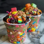 ['Close-up view of a delicious Graveyard Dirt Pudding Cup with gummy worms and candy tombstones.', 'Side view of Graveyard Dirt Pudding Cups, showcasing layers of rich pudding and crushed cookies.', 'A dessert cup filled with chocolate pudding, topped with crushed cookies and Halloween-themed candy.', 'Juicy Graveyard Dirt Pudding Cups featuring gummy worms and candy headstones, presented in clear cups.']
