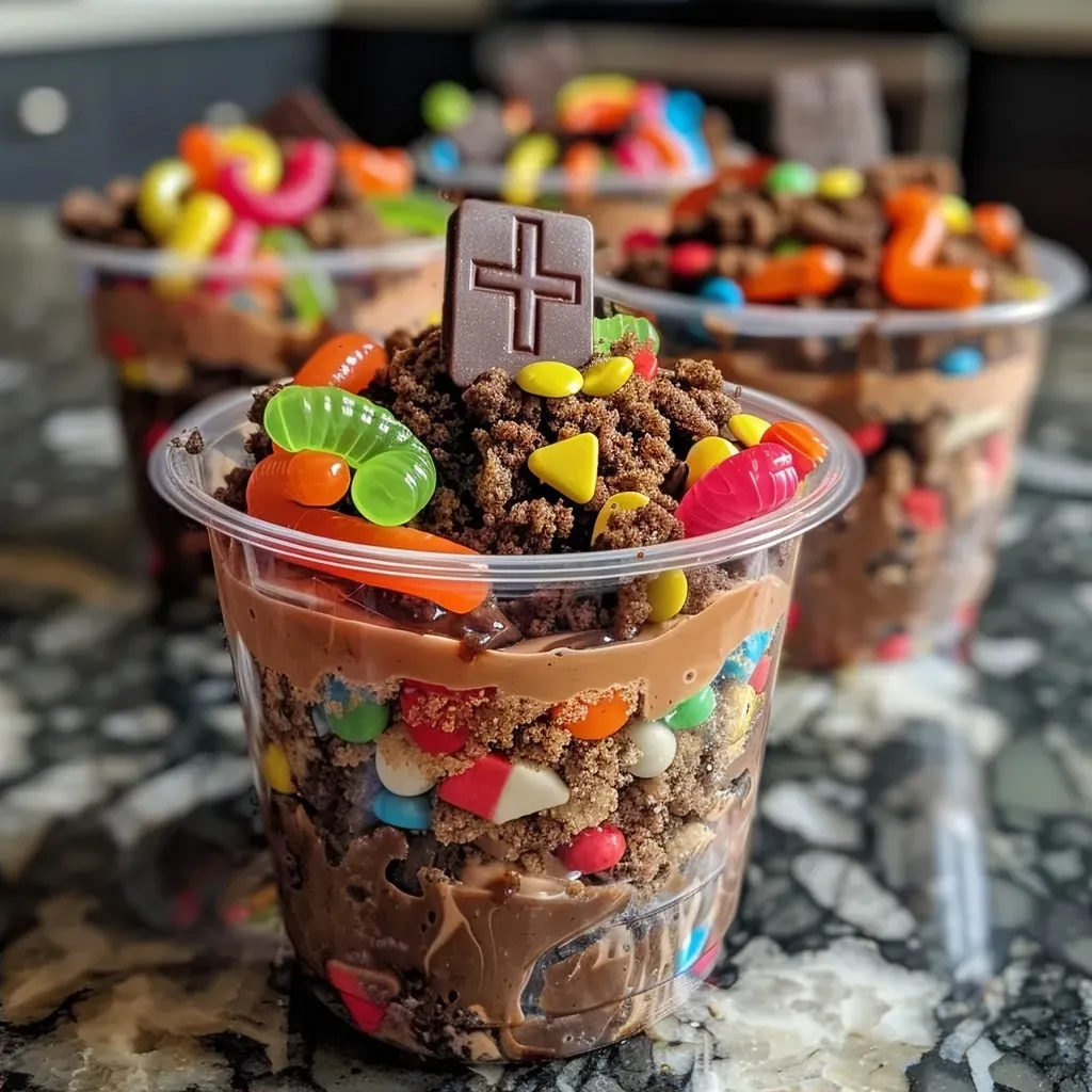 ['Close-up view of a delicious Graveyard Dirt Pudding Cup with gummy worms and candy tombstones.', 'Side view of Graveyard Dirt Pudding Cups, showcasing layers of rich pudding and crushed cookies.', 'A dessert cup filled with chocolate pudding, topped with crushed cookies and Halloween-themed candy.', 'Juicy Graveyard Dirt Pudding Cups featuring gummy worms and candy headstones, presented in clear cups.']