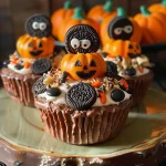 ['Side view of Graveyard Pudding Cookie Cups with chocolate pudding and garnishes.', 'Close-up of Graveyard Pudding Cookie Cups featuring cookie layers and decorative toppings.', 'Delicious Graveyard Pudding Cookie Cups showcasing colorful edible decorations.', 'Detail of Graveyard Pudding Cookie Cups with gummy worms and candy pumpkins.']