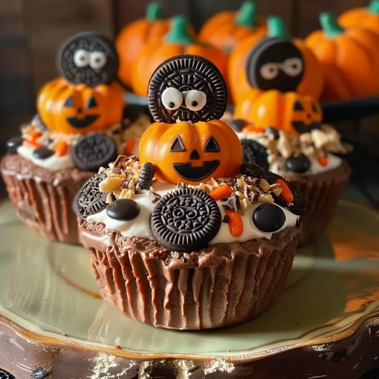 ['Side view of Graveyard Pudding Cookie Cups with chocolate pudding and garnishes.', 'Close-up of Graveyard Pudding Cookie Cups featuring cookie layers and decorative toppings.', 'Delicious Graveyard Pudding Cookie Cups showcasing colorful edible decorations.', 'Detail of Graveyard Pudding Cookie Cups with gummy worms and candy pumpkins.']