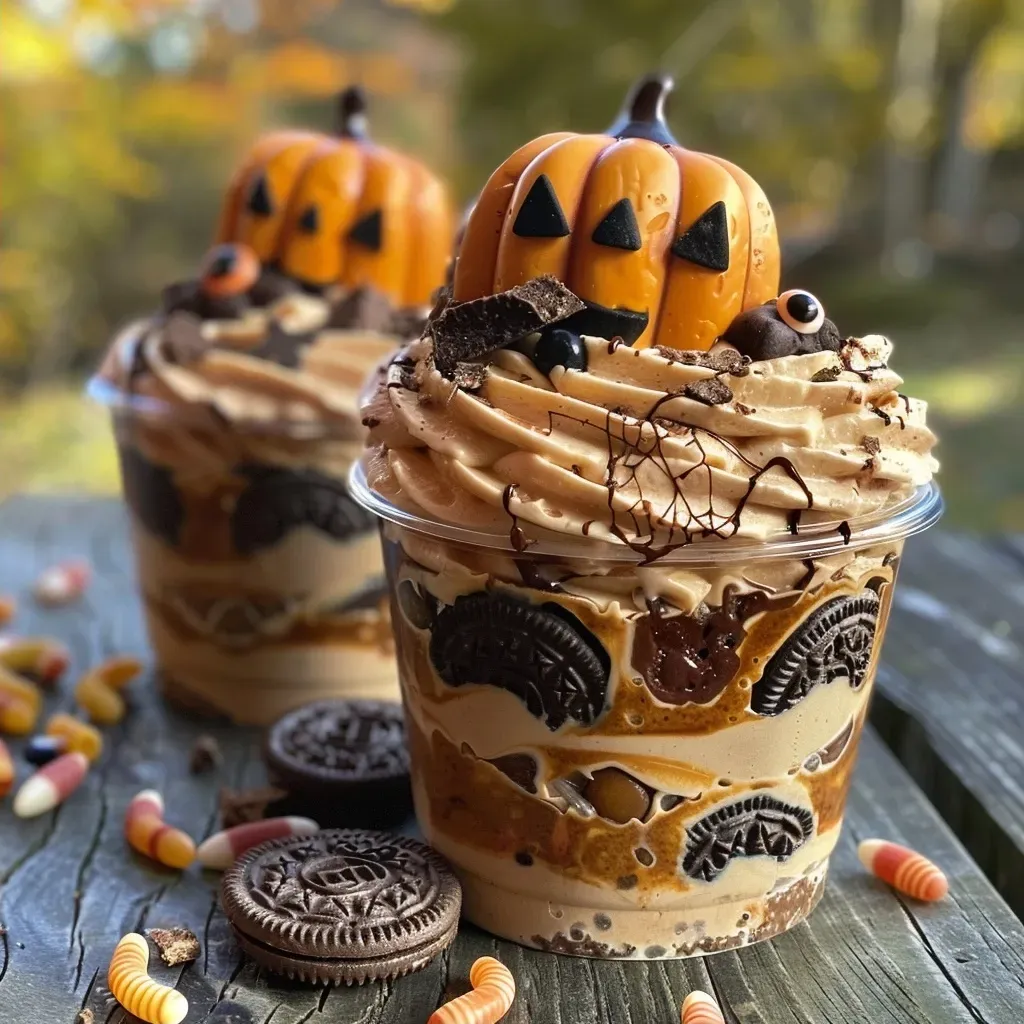 ['Side view of Graveyard Pudding Cookie Cups with chocolate pudding and garnishes.', 'Close-up of Graveyard Pudding Cookie Cups featuring cookie layers and decorative toppings.', 'Delicious Graveyard Pudding Cookie Cups showcasing colorful edible decorations.', 'Detail of Graveyard Pudding Cookie Cups with gummy worms and candy pumpkins.']