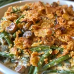 ['Close-up view of a golden-brown Green Bean Casserole with crispy shallots.', 'Side angle of a freshly baked Green Bean Casserole, showcasing creamy texture and toppings.', 'Delicious Green Bean Casserole from scratch, featuring sautéed shallots and melted cheese.', 'Juicy Green Bean Casserole displayed in a baking dish, highlighting its rich layers and color.']