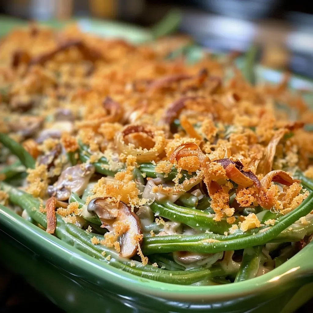 ['Close-up view of a golden-brown Green Bean Casserole with crispy shallots.', 'Side angle of a freshly baked Green Bean Casserole, showcasing creamy texture and toppings.', 'Delicious Green Bean Casserole from scratch, featuring sautéed shallots and melted cheese.', 'Juicy Green Bean Casserole displayed in a baking dish, highlighting its rich layers and color.']