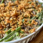 ['Close-up side view of a freshly baked green bean casserole topped with crispy onions.', 'A delicious green bean casserole, showcasing layers of green beans and creamy sauce.', 'Side view of a creamy green bean casserole, garnished with golden fried onions.', 'Close view of a savory green bean casserole, highlighting its creamy texture and crunchy topping.']