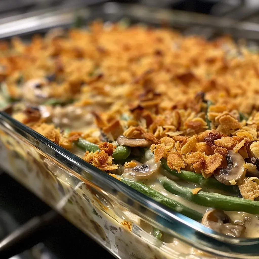 ['Close-up side view of a freshly baked green bean casserole topped with crispy onions.', 'A delicious green bean casserole, showcasing layers of green beans and creamy sauce.', 'Side view of a creamy green bean casserole, garnished with golden fried onions.', 'Close view of a savory green bean casserole, highlighting its creamy texture and crunchy topping.']