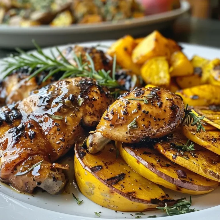 ['Juicy grilled chicken pieces glazed with apple cider, garnished with herbs and surrounded by roasted vegetables.', 'Close-up of grilled chicken with a shiny caramelized surface, accompanied by slices of squash and sweet potato.', 'Appetizing side view of chicken marinated in apple cider, served with vibrant roasted squash and sweet potato wedges.', 'Succulent bone-in chicken parts with a golden-brown finish, paired with half-moon slices of delicata squash.']