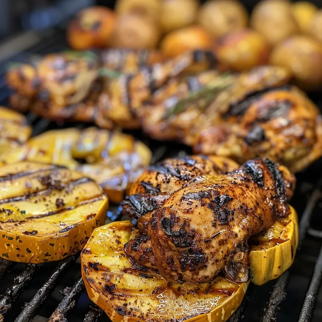 ['Juicy grilled chicken pieces glazed with apple cider, garnished with herbs and surrounded by roasted vegetables.', 'Close-up of grilled chicken with a shiny caramelized surface, accompanied by slices of squash and sweet potato.', 'Appetizing side view of chicken marinated in apple cider, served with vibrant roasted squash and sweet potato wedges.', 'Succulent bone-in chicken parts with a golden-brown finish, paired with half-moon slices of delicata squash.']