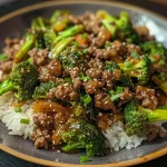 ['Close-up of a vibrant dish featuring ground beef and broccoli with rice.', 'Juicy ground beef stir-fried with fresh broccoli and served over rice.', 'Colorful plate of ground beef and broccoli, garnished and ready to eat.', 'Tasty ground beef with broccoli and rice on a white plate.']