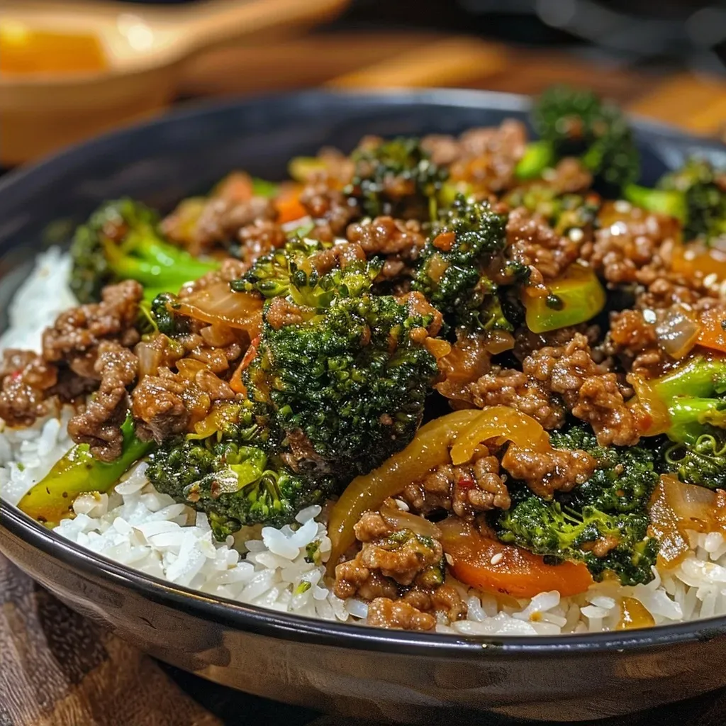['Close-up of a vibrant dish featuring ground beef and broccoli with rice.', 'Juicy ground beef stir-fried with fresh broccoli and served over rice.', 'Colorful plate of ground beef and broccoli, garnished and ready to eat.', 'Tasty ground beef with broccoli and rice on a white plate.']