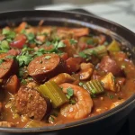 ['Close-up view of a steaming bowl of Gumbo-laya showcasing its rich and colorful ingredients.', 'Side view of a delicious serving of Gumbo-laya filled with sausage, chicken, and vegetables.', 'Juicy Gumbo-laya with vibrant spices, sausage, chicken, and okra presented in a bowl.', 'A close-up image of a flavorful Gumbo-laya highlighting the fresh ingredients and textures.']