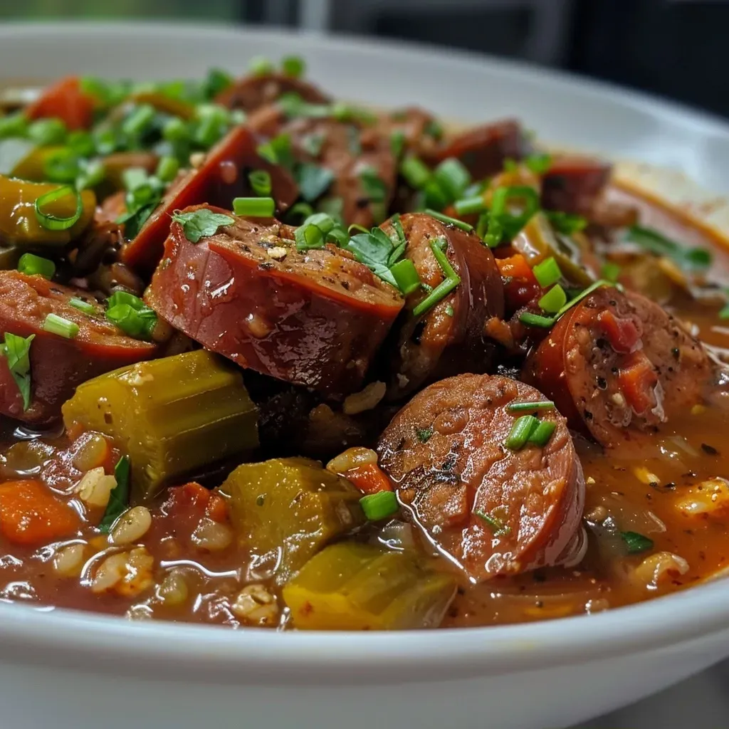 ['Close-up view of a steaming bowl of Gumbo-laya showcasing its rich and colorful ingredients.', 'Side view of a delicious serving of Gumbo-laya filled with sausage, chicken, and vegetables.', 'Juicy Gumbo-laya with vibrant spices, sausage, chicken, and okra presented in a bowl.', 'A close-up image of a flavorful Gumbo-laya highlighting the fresh ingredients and textures.']