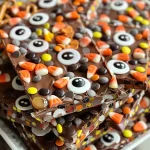 ['Close-up of colorful Halloween Bark with candy corn and googly eyes.', 'Side view of Halloween-themed chocolate bark with pretzels and sprinkles.', "Juicy Halloween Bark featuring M&M's and a variety of candies.", 'Detailed view of vibrant Halloween treats on a white plate.']