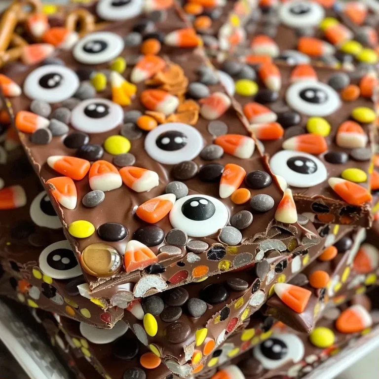 ['Close-up of colorful Halloween Bark with candy corn and googly eyes.', 'Side view of Halloween-themed chocolate bark with pretzels and sprinkles.', "Juicy Halloween Bark featuring M&M's and a variety of candies.", 'Detailed view of vibrant Halloween treats on a white plate.']