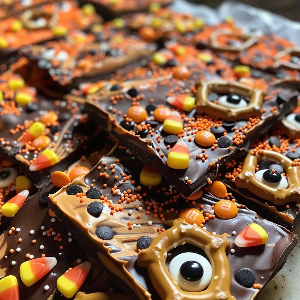 ['Close-up of colorful Halloween Bark with candy corn and googly eyes.', 'Side view of Halloween-themed chocolate bark with pretzels and sprinkles.',