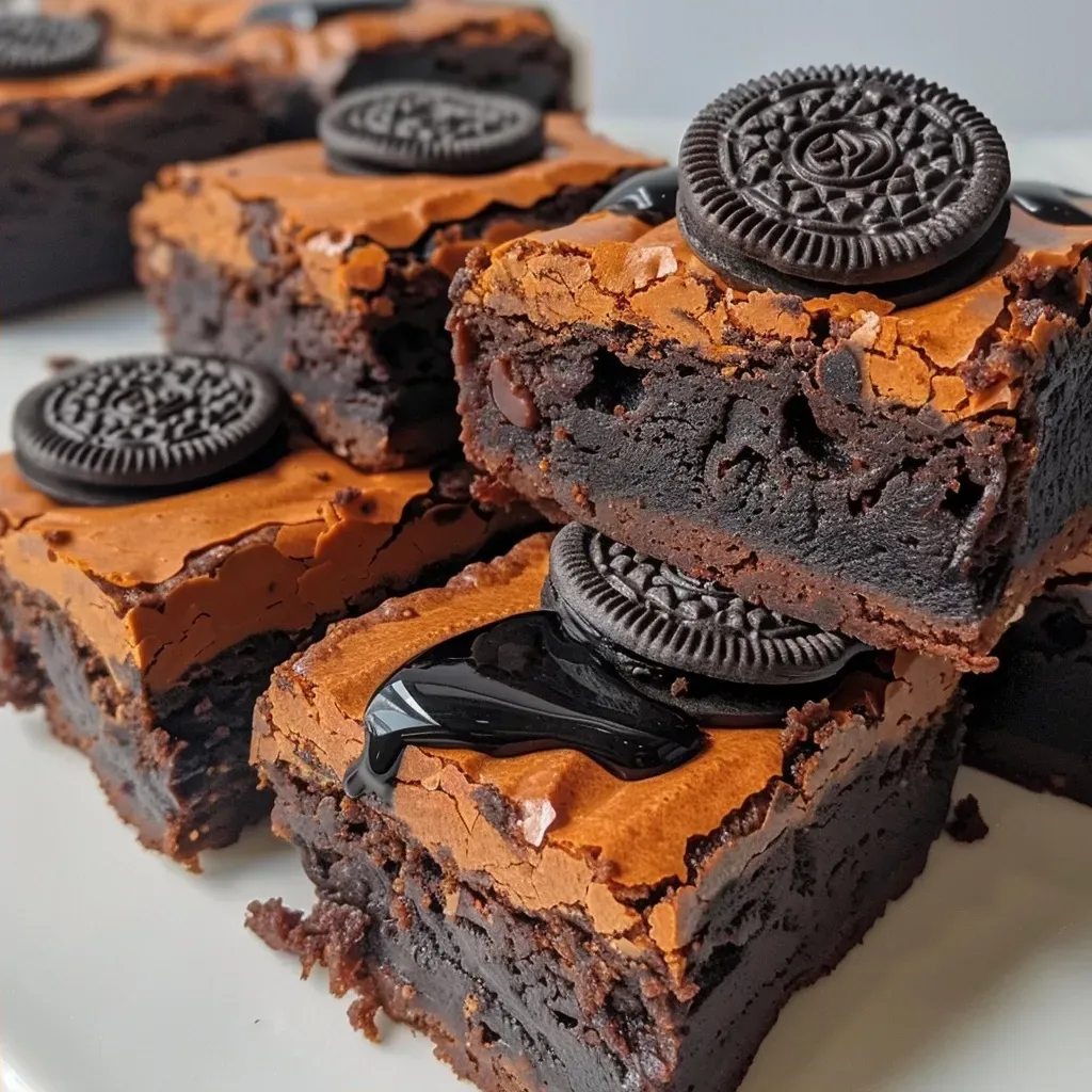 ['Close-up of Halloween brownies with cookie decorations resembling a graveyard.', 'Brownies topped with Milano cookies and Oreo gravestones, decorated with black icing.', 'Side view of moist Halloween brownies featuring spooky cookie designs.', 'Halloween-themed brownies adorned with grave markers made from cookies.']
