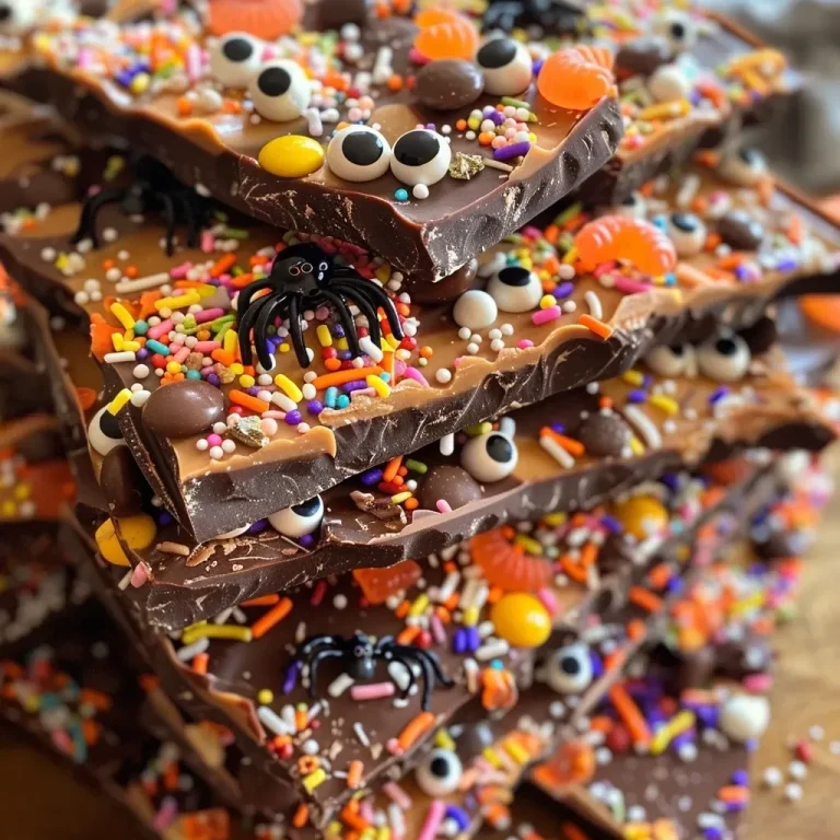 ['Close-up view of Halloween chocolate bark with assorted toppings.', 'Colorful Halloween chocolate bark featuring gummy worms and candy eyes.', 'Juicy chocolate bark decorated with sprinkles and spooky toppings.', 'An enticing side view of Halloween chocolate bark with various candies.']