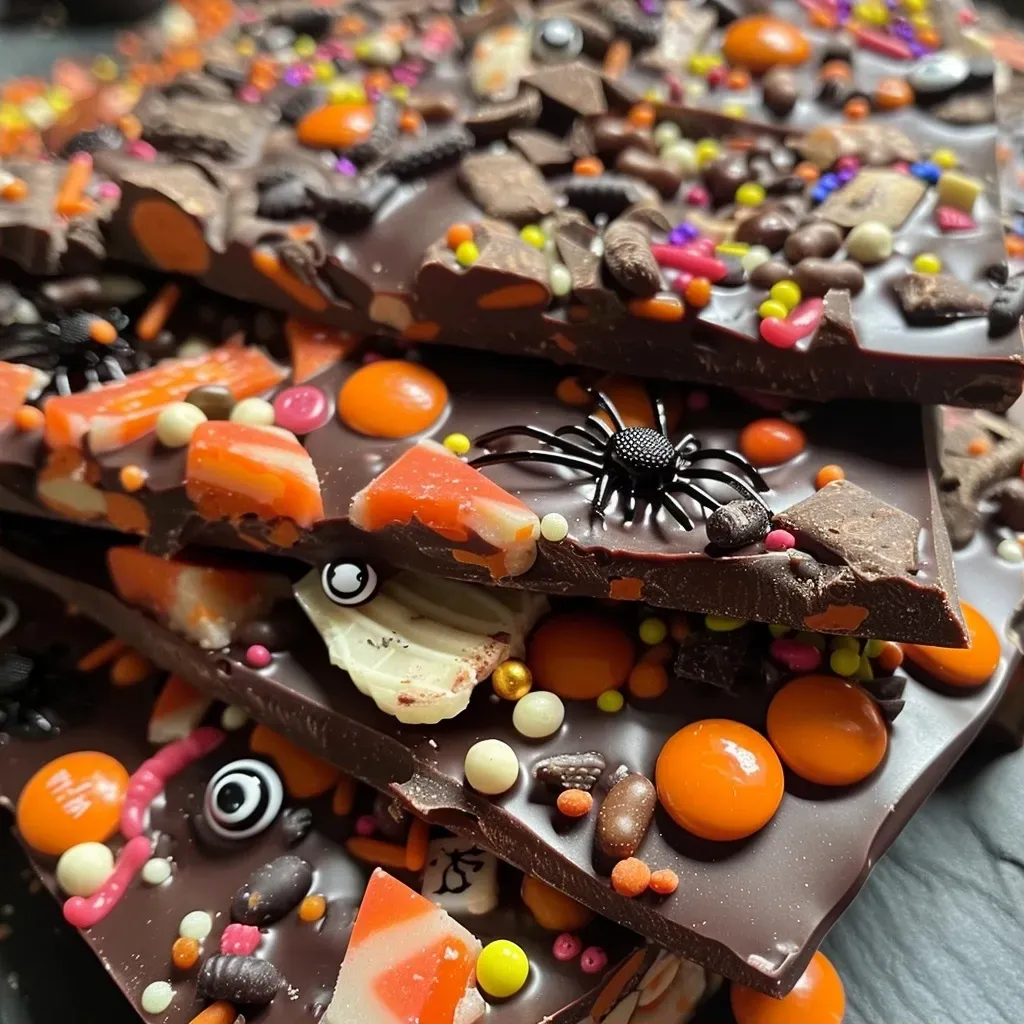 ['Close-up view of Halloween chocolate bark with assorted toppings.', 'Colorful Halloween chocolate bark featuring gummy worms and candy eyes.', 'Juicy chocolate bark decorated with sprinkles and spooky toppings.', 'An enticing side view of Halloween chocolate bark with various candies.']
