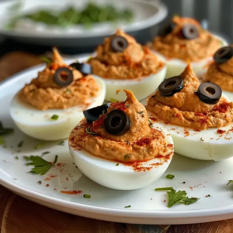 ["Close-up of Halloween-themed deviled eggs shaped like Jack O'Lanterns.", "Side view of Jack O'Lantern deviled eggs with olive decorations on a plate.", "Halloween deviled eggs featuring a festive Jack O'Lantern design with black olives.", "Juicy, orange-colored deviled eggs resembling Jack O'Lantern faces on a table."]