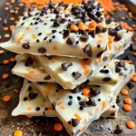 ['Close-up view of Halloween Ghost Bark with sprinkles.', 'Side angle of colorful Halloween Ghost Bark made with chocolate.', 'Juicy Halloween Ghost Bark featuring chocolate chips and sprinkles.', 'Delicious Halloween treat, Ghost Bark, with vibrant sprinkles.']