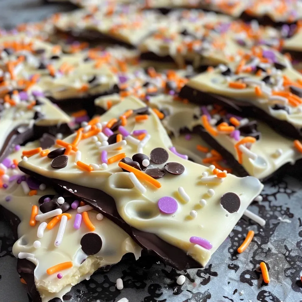 ['Close-up view of Halloween Ghost Bark with sprinkles.', 'Side angle of colorful Halloween Ghost Bark made with chocolate.', 'Juicy Halloween Ghost Bark featuring chocolate chips and sprinkles.', 'Delicious Halloween treat, Ghost Bark, with vibrant sprinkles.']