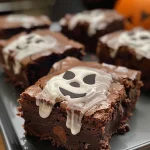 ['Close-up view of Halloween ghost brownies with marshmallow fluff topping.', 'Side view of rich brownies decorated with ghost shapes made of marshmallow fluff.', 'Delicious Halloween-themed brownies featuring fluffy ghost toppings.', 'Juicy brownies topped with a layer of fluffy white marshmallow, shaped like ghosts.']