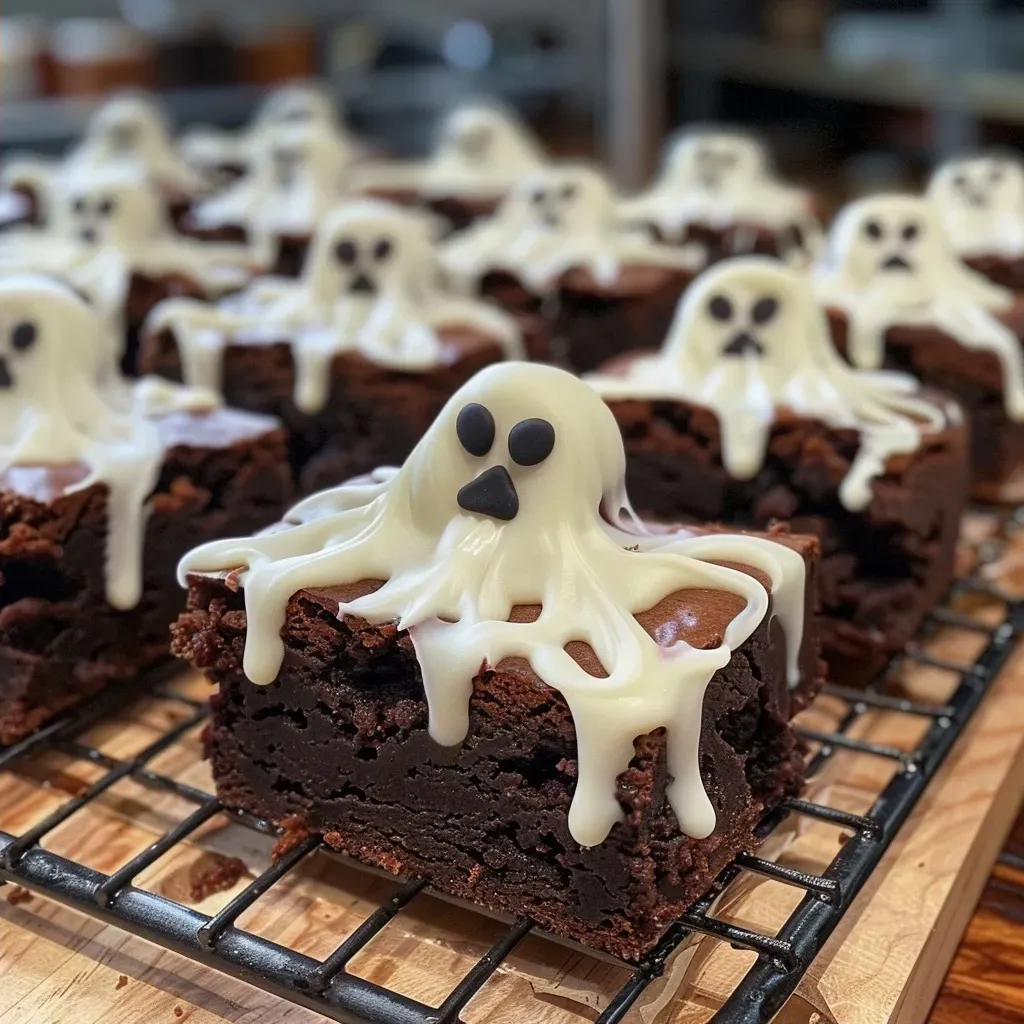 ['Close-up view of Halloween ghost brownies with marshmallow fluff topping.', 'Side view of rich brownies decorated with ghost shapes made of marshmallow fluff.', 'Delicious Halloween-themed brownies featuring fluffy ghost toppings.', 'Juicy brownies topped with a layer of fluffy white marshmallow, shaped like ghosts.']